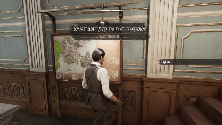 To start The Scapegoat case, you have to interact with the board at the police station - Sherlock Holmes Chapter One: The Scapegoat - walkthrough - Police cases - Sherlock Holmes Chapter One Guide