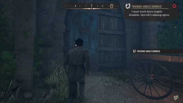 Follow the wagon until you reach the building with the blue door - Sherlock Holmes Chapter One: The Lost Shopkeeper Mycrofts Case - walkthrough, solution. - Mycroft Cases - Sherlock Holmes Chapter One Guide