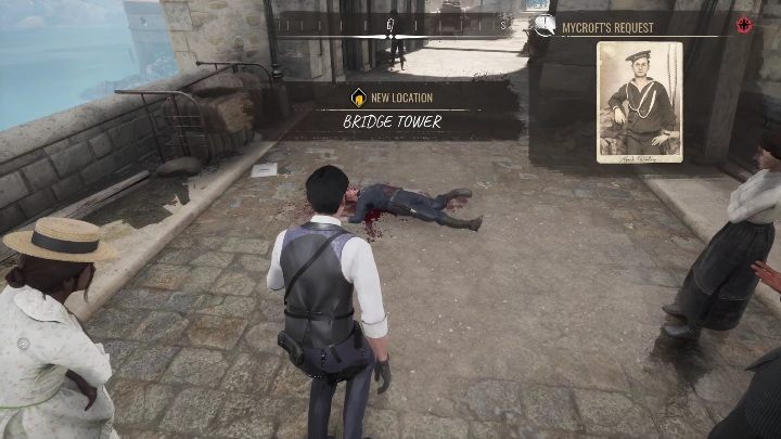 After leaving the cafe, proceed to the bridge to examine the victim - Sherlock Holmes Chapter One: Love, Death, and Cordona - walkthrough, solution - Mycroft Cases - Sherlock Holmes Chapter One Guide