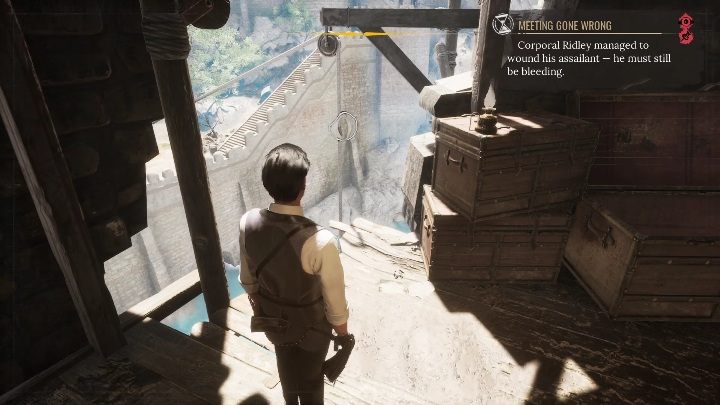 After the successful reconstruction, start tracking the new objective (shown in the screenshot above) and investigate the rope that makes it possible to descend down - Sherlock Holmes Chapter One: Love, Death, and Cordona - walkthrough, solution - Mycroft Cases - Sherlock Holmes Chapter One Guide