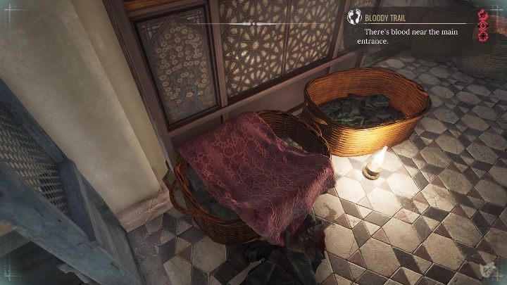 Follow the stains to reach a room with bloodied items - Sherlock Holmes Chapter One: Love, Death, and Cordona - walkthrough, solution - Mycroft Cases - Sherlock Holmes Chapter One Guide