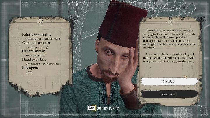 Approach the man and examine the following clues - Sherlock Holmes Chapter One: Love, Death, and Cordona - walkthrough, solution - Mycroft Cases - Sherlock Holmes Chapter One Guide