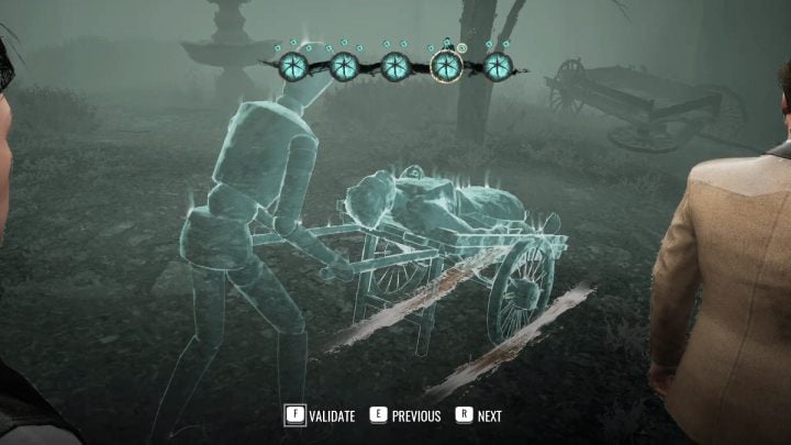 At the tracks in front of the shed, set up a scene with a man and an unconscious Kimihia in a wheelchair - Sherlock Holmes The Awakened: Chapter 1, Stenwicks Manor - Sherlock Holmes The Awakened: Chapter 1 - Baker Street - Sherlock Holmes The Awakened Walkthrough