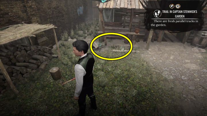 Pin the Trail in Captain Stenwick's garden and, in concentration mode, investigate 2 clues in front of the shed - Sherlock Holmes The Awakened: Chapter 1, Stenwicks Manor - Sherlock Holmes The Awakened: Chapter 1 - Baker Street - Sherlock Holmes The Awakened Walkthrough