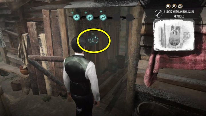 Leave the shed, approach the back door to the garden and look at the padlock - Sherlock Holmes The Awakened: Chapter 1, Stenwicks Manor - Sherlock Holmes The Awakened: Chapter 1 - Baker Street - Sherlock Holmes The Awakened Walkthrough