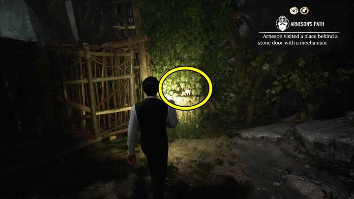 Pin the Arneson's Path evidence to the screen and approach the plant found at the cages near the campfire - Sherlock Holmes The Awakened: The Swamp - Sherlock Holmes The Awakened: Chapter 6 - Wetlands - Sherlock Holmes The Awakened Walkthrough