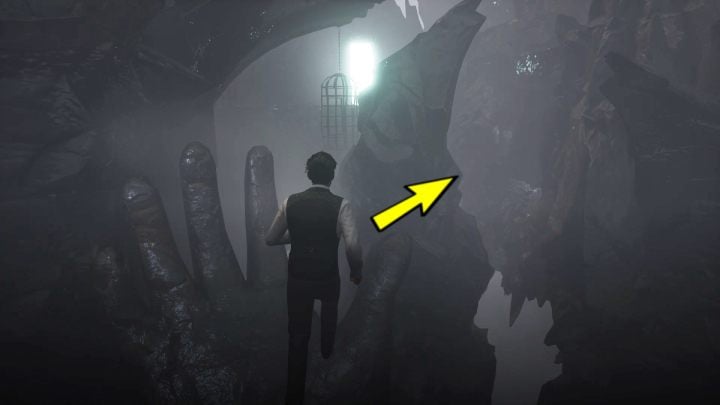 Stand on the outermost point and walk towards the stone hand on invisible platforms - Sherlock Holmes The Awakened: The Cave - Sherlock Holmes The Awakened: Chapter 6 - Wetlands - Sherlock Holmes The Awakened Walkthrough