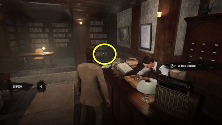 Go to the bookshelf on the left side of the counter and pick up a clue - Sherlock Holmes The Awakened: London - Sherlock Holmes The Awakened: Chapter 7 - London - Sherlock Holmes The Awakened Walkthrough