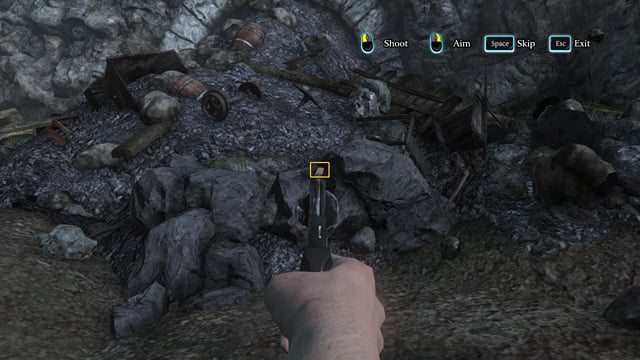 As Watson, shoot at the package, aiming a little below it - Sherlock Holmes Crimes and Punishments: Examine the rail switch and the Mines - Sherlock Holmes Crimes and Punishments: Riddle On The Rails - Sherlock Holmes: Crimes and Punishments Game Guide