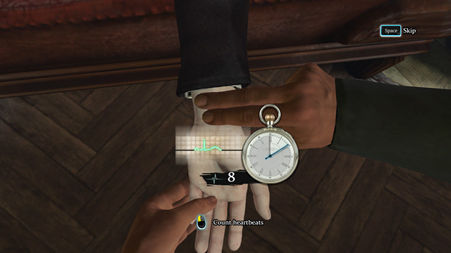 Measuring heart rate. - Sherlock Holmes Crimes and Punishments: Resuscitate Sherlock and meet Lestrade at the Strand Lane Baths - Sherlock Holmes Crimes and Punishments: Blood Bath - Sherlock Holmes: Crimes and Punishments Game Guide