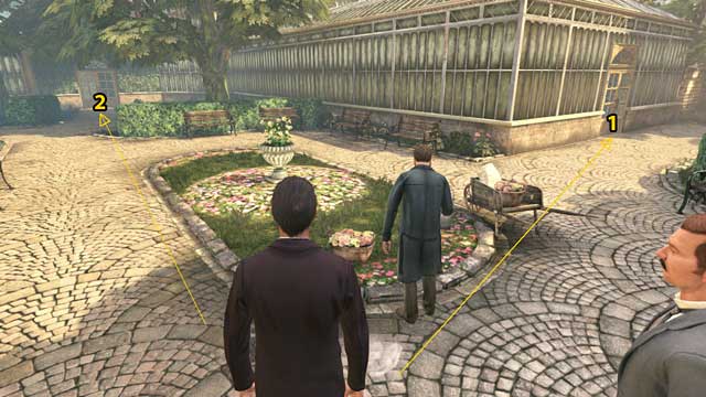 1 - to the Palm house, 2 - to the Seed house. - Sherlock Holmes Crimes and Punishments: Inspect Kew Gardens staff buildings and gather information on Montague Dunne - Sherlock Holmes Crimes and Punishments: The Kew Gardens Drama - Sherlock Holmes: Crimes and Punishments Game Guide