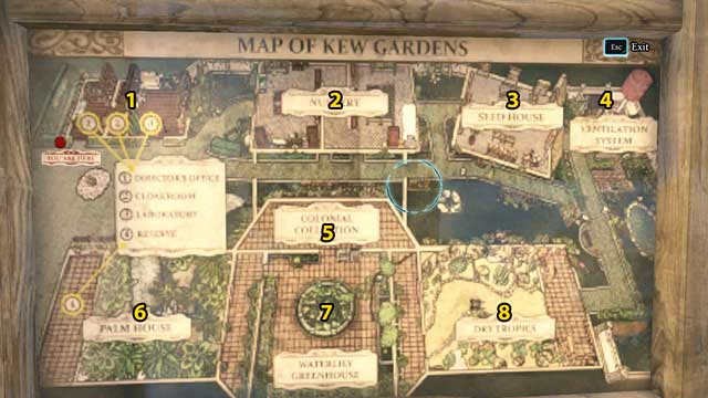 Map of Kew Gardens: 1 - Office house, 2 - Nursery, 3 - Seed house, 4 - Ventilation system, 5 - Colonial Collection, 6 - Palm house, 7 - Waterlily greenhouse, 8 - Dry tropics - Sherlock Holmes Crimes and Punishments: Inspect Kew Gardens staff buildings and gather information on Montague Dunne - Sherlock Holmes Crimes and Punishments: The Kew Gardens Drama - Sherlock Holmes: Crimes and Punishments Game Guide