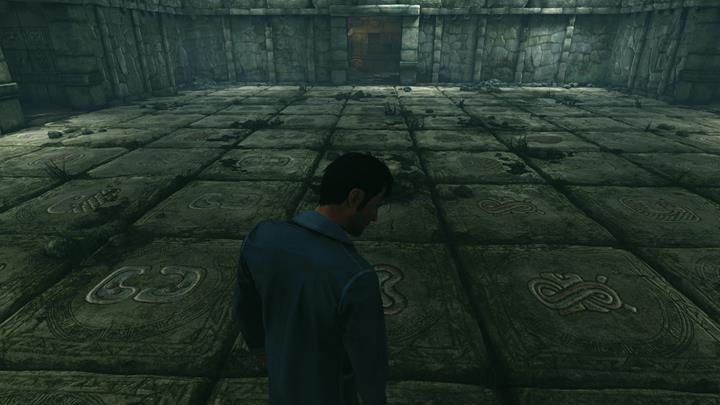 Check the wall ahead or behind Holmes in order to learn on which symbol to step on - Reconstruction of events in the temple | Walkthrough - A Study in Green | Walkthrough - Sherlock Holmes: The Devils Daughter Game Walkthrough