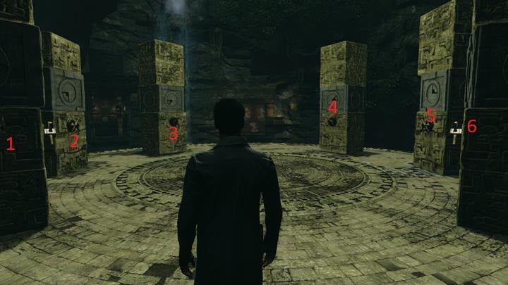 Use the fourth lever to get to the first reel. Then use lever 6 to unlock another door with the piece. Then move lever 5 and lever 3 to unlock the third piece of the passage. Finally move lever 2 in order to get out - Reconstruction of events in the temple | Walkthrough - A Study in Green | Walkthrough - Sherlock Holmes: The Devils Daughter Game Walkthrough