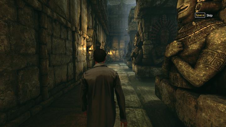 Run next to the smiling figures. Avoid the evil ones because they will kill you - Reconstruction of events in the temple | Walkthrough - A Study in Green | Walkthrough - Sherlock Holmes: The Devils Daughter Game Walkthrough