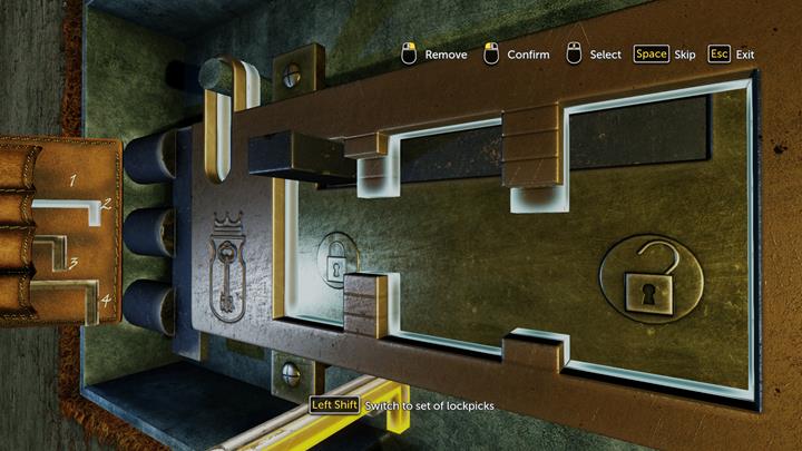 Select lockpick number 1 for the outside mechanism and lockpick number 3 for the inside mechanism. Then use lockpick 3 outside and lockpick 4 inside. - Disarming the bomb and visiting Alices house | Walkthrough - Infamy | Walkthrough - Sherlock Holmes: The Devils Daughter Game Walkthrough