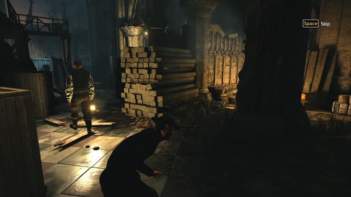Follow the guard and hide on the left side, behind the cover - Monastery | Walkthrough - Infamy | Walkthrough - Sherlock Holmes: The Devils Daughter Game Walkthrough