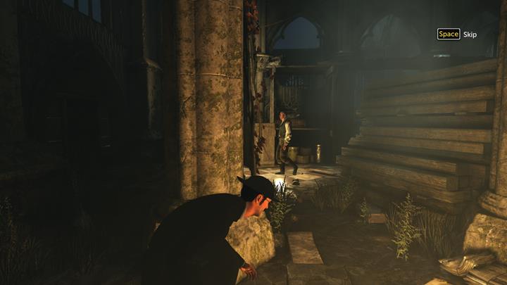When the guard will walk towards the wall, leave the cover and go to the right - Monastery | Walkthrough - Infamy | Walkthrough - Sherlock Holmes: The Devils Daughter Game Walkthrough