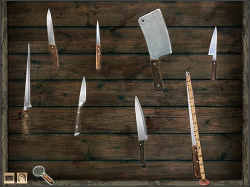 With your measure tape check all knifes and take the last one - Whitechapel, night 7/8 October 1888 - Walkthrough - Sherlock Holmes vs. Jack the Ripper - Game Guide and Walkthrough