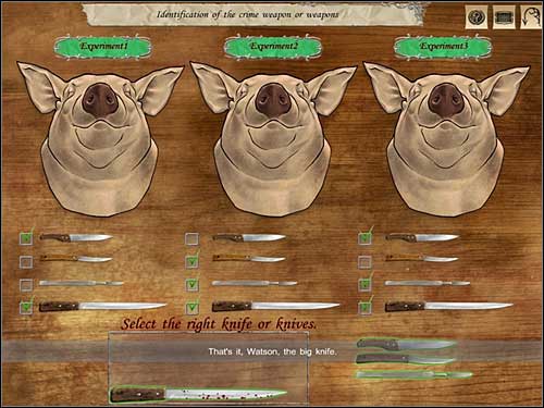 Now, on the basis of the experiments you have to choose a knife that would be able to perform each of these three strikes presented - Whitechapel, night 7/8 October 1888 - Walkthrough - Sherlock Holmes vs. Jack the Ripper - Game Guide and Walkthrough