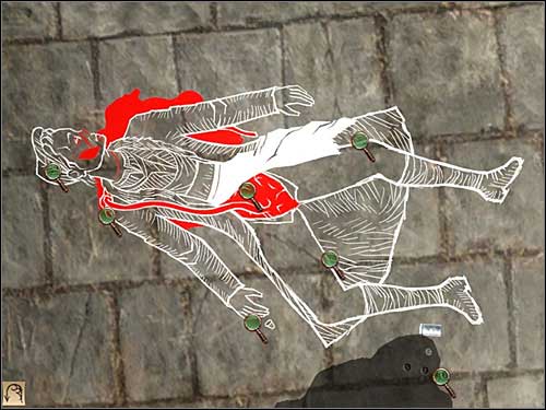 Cancel the zoom and make some further inspections: intestine on the right arm, open stomach, missing uterus and kidney, a piece of white apron and few other things - Mitre Square, night 7/8 October 1888 - Walkthrough - Sherlock Holmes vs. Jack the Ripper - Game Guide and Walkthrough