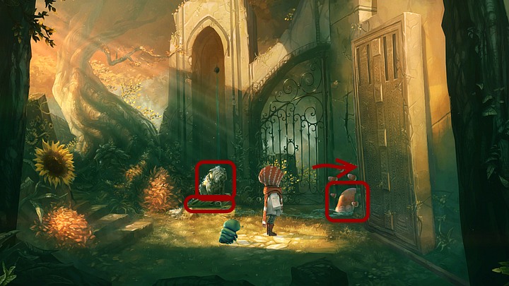 Because the girl cant move the sliding gate, click Spot and ask him to eat the mushroom (near the wall) - Chapter Two | Walkthrough - Walkthrough - Silence: The Whispered World 2 Game Guide