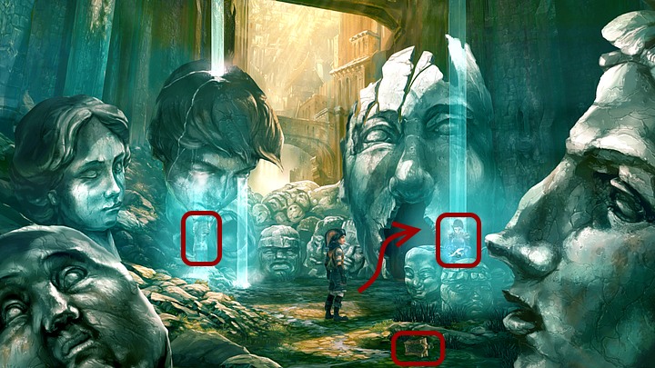 Being in the Valley of Fallen Gods, notice that Renie and Kyra turned into statues, one of them is below the huge stone head of crying boy (on the left), and the second is between two smaller heads on the right - Chapter Three | Walkthrough - Walkthrough - Silence: The Whispered World 2 Game Guide