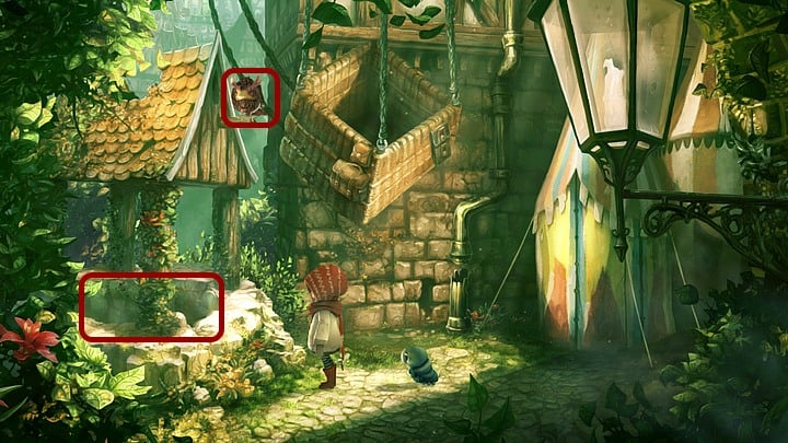 Come back to the crash site and throw the hook and line into the well (on the left), where little thief with the shard has jumped - Chapter Three | Walkthrough - Walkthrough - Silence: The Whispered World 2 Game Guide