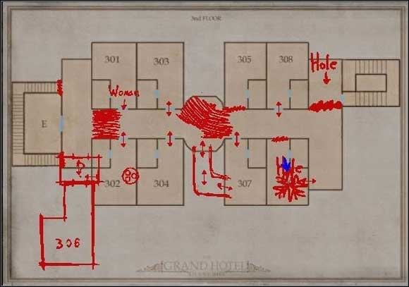 Move closer to the paintings on the wall, equip the knife and cut it - Silent Hill - Grand Hotel 3rd floor - Silent Hill - Silent Hill: Homecoming - Game Guide and Walkthrough