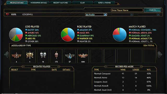 The players profile contains a lot of information about statistics - The players top panel - How to start? - Smite - Game Guide and Walkthrough