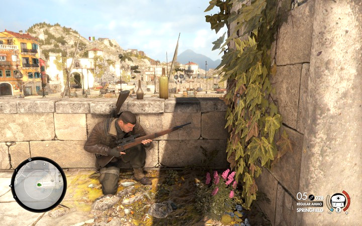 From here you can fire two shots to eliminate two guards on the roofs - Mission information | Mission 2 Bitanti Village in Sniper Elite 4 - Mission 2: Bitanti Village - Sniper Elite 4 Game Guide