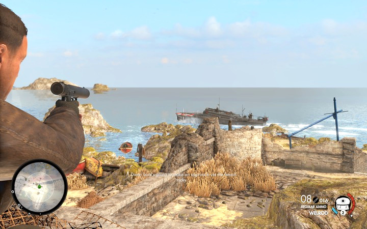 Hit the red containers to sink the boat - Obtaining the sniper reports | Mission 2 Bitanti Village in Sniper Elite 4 - Mission 2: Bitanti Village - Sniper Elite 4 Game Guide