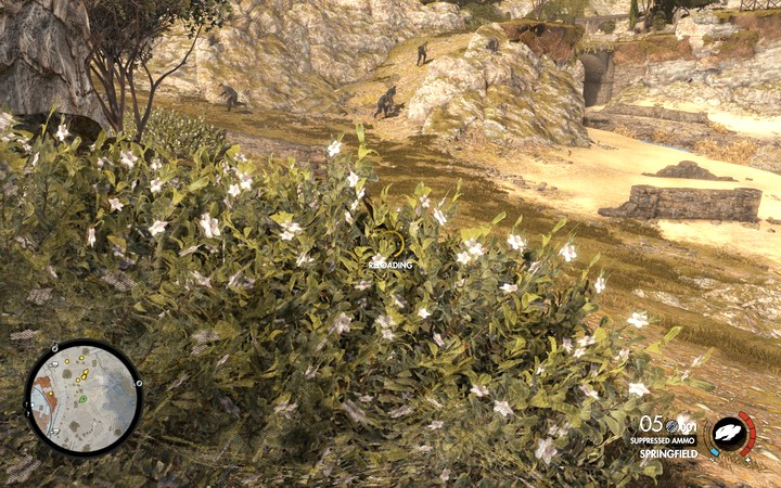 Hide in the bushes and fire at the blue truck by the wall - Obtaining the sniper reports | Mission 2 Bitanti Village in Sniper Elite 4 - Mission 2: Bitanti Village - Sniper Elite 4 Game Guide