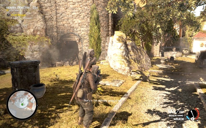 You can blow up the wall and create an alternative entrance to the graveyard - Searching the graveyard | Mission 2 Bitanti Village in Sniper Elite 4 - Mission 2: Bitanti Village - Sniper Elite 4 Game Guide