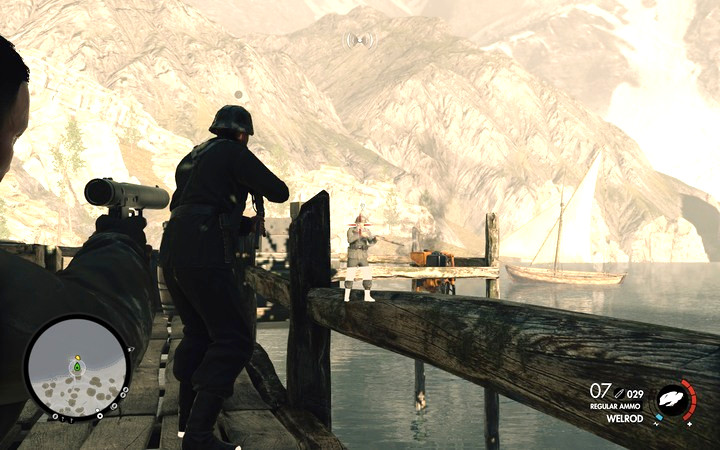 There are two guards on the pier - shoot one of them and kill the other one with melee attack - Clearing checkpoints | Mission 3 Regilino Viaduct in Sniper Elite 4 - Mission 3: Regilino Viaduct - Sniper Elite 4 Game Guide