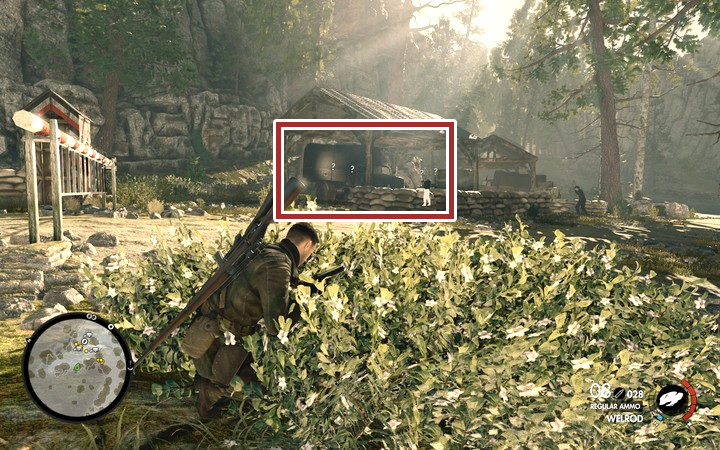 Throw stones at cars and blow them up afterwards. On higher difficulty levels, the opponents cannot be tricked twice in that way. - Blowing up the storage house | Mission 3 Regilino Viaduct in Sniper Elite 4 - Mission 3: Regilino Viaduct - Sniper Elite 4 Game Guide