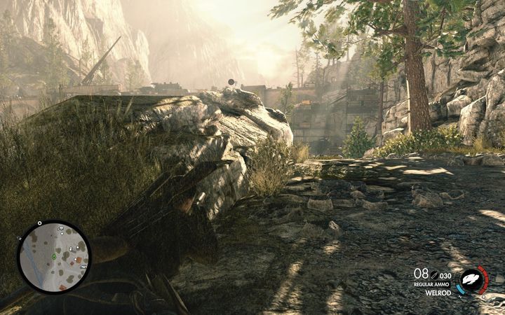 You can go prone along the road by the river. This way, you will get to the base of the scaffolding - Blowing up the bridge with the cannon on rails | Mission 3 Regilino Viaduct - Mission 3: Regilino Viaduct - Sniper Elite 4 Game Guide