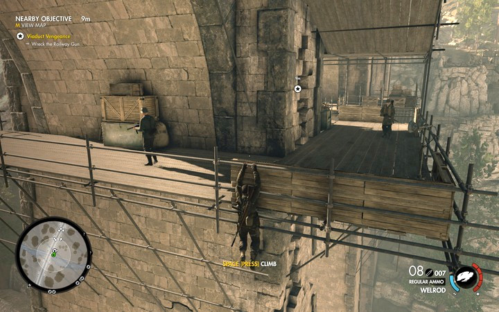 In the spots, where there are planks on wailings, you can hang off them and jump up to kill the enemy from behind - Blowing up the bridge with the cannon on rails | Mission 3 Regilino Viaduct - Mission 3: Regilino Viaduct - Sniper Elite 4 Game Guide