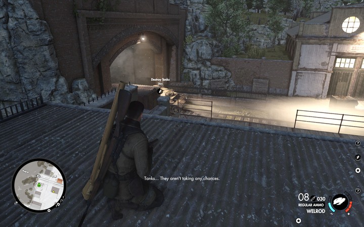 One of the tanks comes out from the tunnel close to you - Destroy the tanks | Mission 4 Lorino Dockyard in Sniper Elite 4 - Mission 4: Lorino Dockyard - Sniper Elite 4 Game Guide