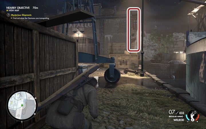 The stairs to the roof - a rather good sniping position - Learn about the content of the shipments | Mission 4 Lorino Dockyard - Mission 4: Lorino Dockyard - Sniper Elite 4 Game Guide