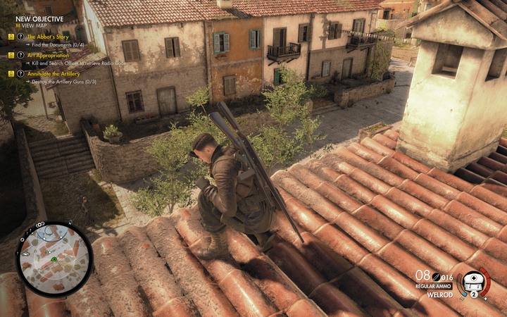Remember to go down from the roofs to balconies or lower roofs - The first document and radio codes | Mission 5 Abrunza Monastery - Mission 5: Abrunza Monastery - Sniper Elite 4 Game Guide