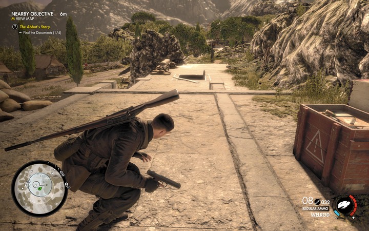 Be careful when you go to the bunker - someone on the street can notice you - The second document and Panzerfaust | Mission 5 Abrunza Monastery - Mission 5: Abrunza Monastery - Sniper Elite 4 Game Guide