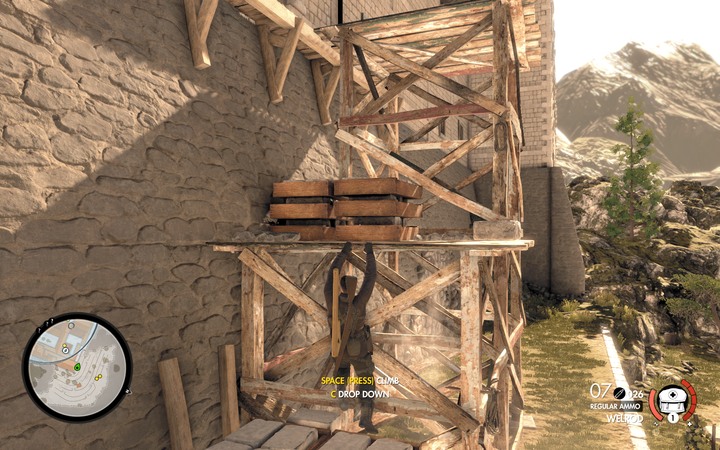 Use the scaffolds to get on the balconies and then enter the monastery - The second cannon and the bell | Mission 5 Abrunza Monastery in Sniper Elite 4 - Mission 5: Abrunza Monastery - Sniper Elite 4 Game Guide