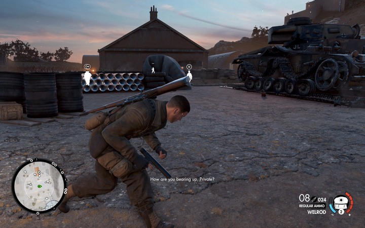Run behind the cars and wait for the right moment to enter the building - The first document | Mission 6 Magazzeno Facility in Sniper Elite 4 - Mission 6: Magazzeno Facility - Sniper Elite 4 Game Guide