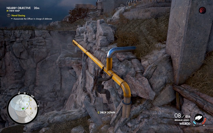 You can use the pipes above the chasm to pass unnoticed - The second, third and fourth coastal cannon | Mission 6 Magazzeno Facility - Mission 6: Magazzeno Facility - Sniper Elite 4 Game Guide