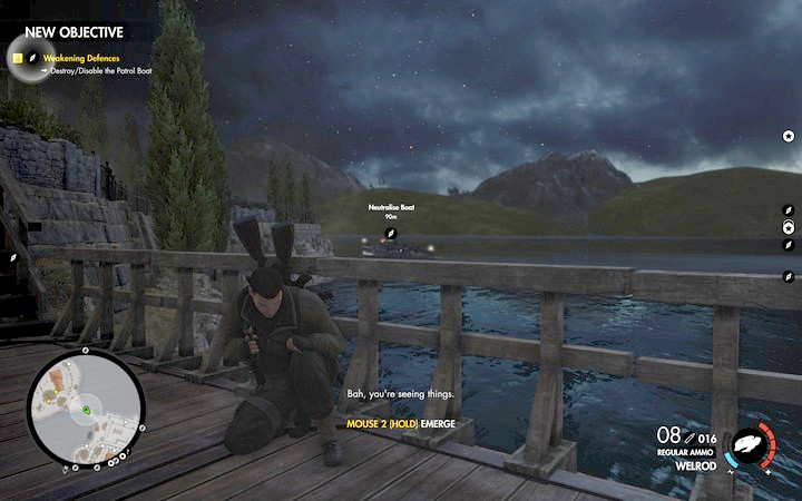 The objective connected with the boat activates only after you come close enough or mark it - Kill Rothbauer | Mission 7 Giovi Fiorini Mansion in Sniper Elite 4 - Mission 7: Giovi Fiorini Mansion - Sniper Elite 4 Game Guide