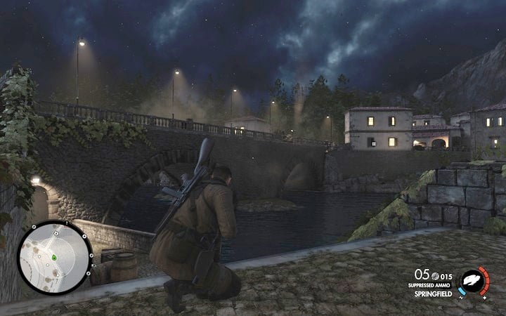 Run onto the bridge, blow up the cannon quickly and leave the island - 1st and 2nd cannon, Rothbauers safe | Mission 7 Giovi Fiorini Mansion - Mission 7: Giovi Fiorini Mansion - Sniper Elite 4 Game Guide