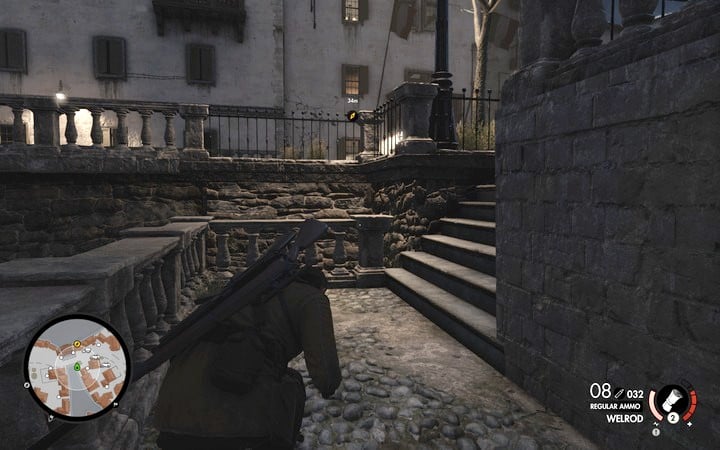 The guard in the building with the map occasionally comes out onto the balcony, so watch out - Propaganda truck, 3rd cannon | Mission 7 Giovi Fiorini Mansion - Mission 7: Giovi Fiorini Mansion - Sniper Elite 4 Game Guide