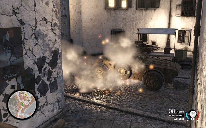 You can immobilize the armored car even with the simplest of traps - this will be enough - Propaganda truck, 3rd cannon | Mission 7 Giovi Fiorini Mansion - Mission 7: Giovi Fiorini Mansion - Sniper Elite 4 Game Guide