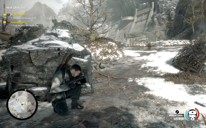 Silently, make it over towards the bunker on the right. If necessary, you can crawl there. - Base entrance | Mission 8 Allagra Fortress in Sniper Elite 4 - Mission 8: Allagra Fortress - Sniper Elite 4 Game Guide